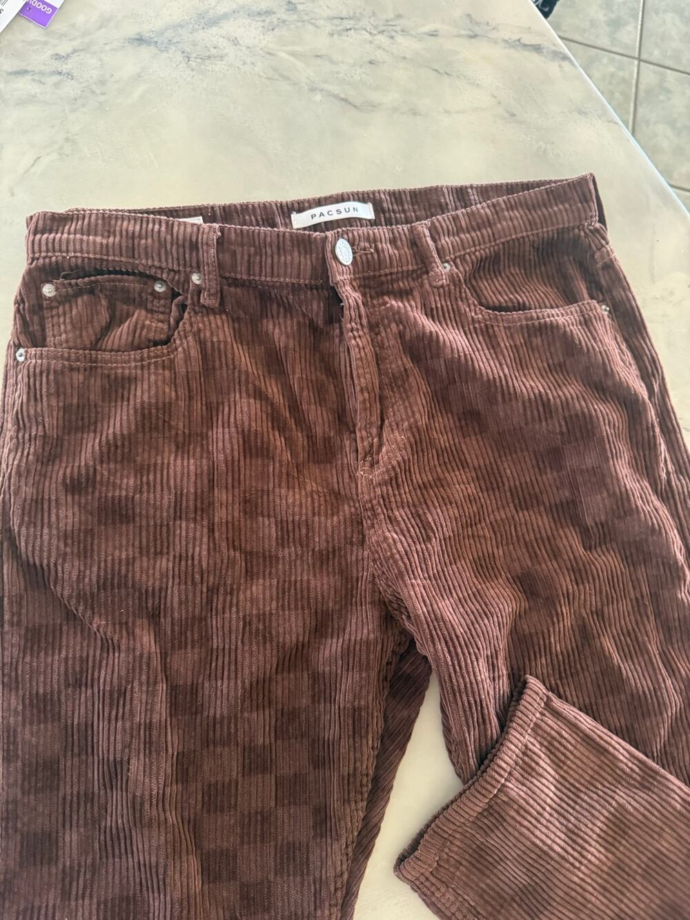 Pacsun Slim Taper Thick Brown Corduroy Checkerboard Flat Front Pants Mens 36×32